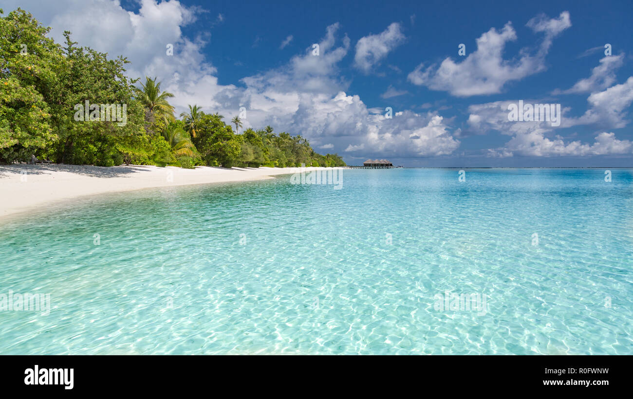Maldives island landscape, perfect scenery with palm trees, calm blue sea and tranquil exotic nature environment. Amazing vacation and travel banner Stock Photo