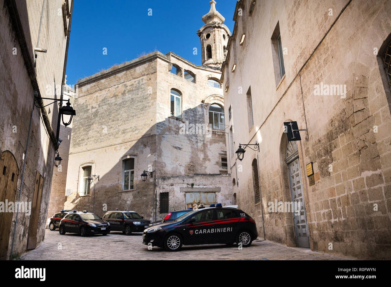 MONOPOLI, ITALY - JULY 4 2018: Carabinieri police cars stand in historical centre on July 4, 2018 in Monopoli, Italy. Stock Photo
