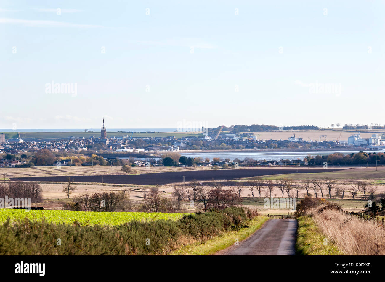 Montrose town, Angus, Scotland,UK,, and Montrose Basin and nature reserve viewed from Hillside, Angus. Stock Photo