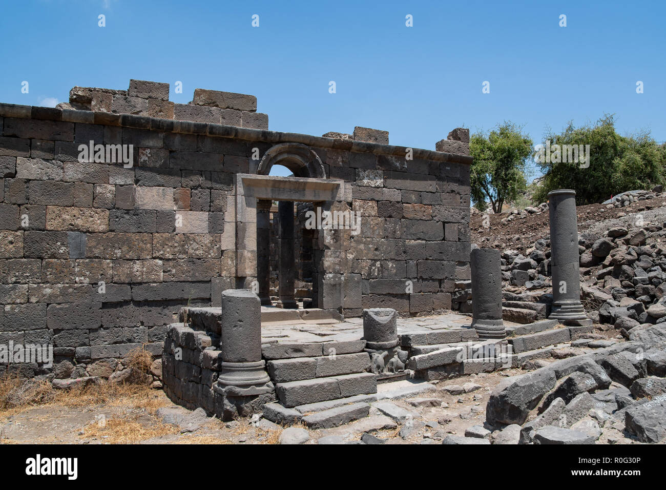 Entrance to the reconstructed synagogue of Umm el-Kanatir (Ein Keshatot ...