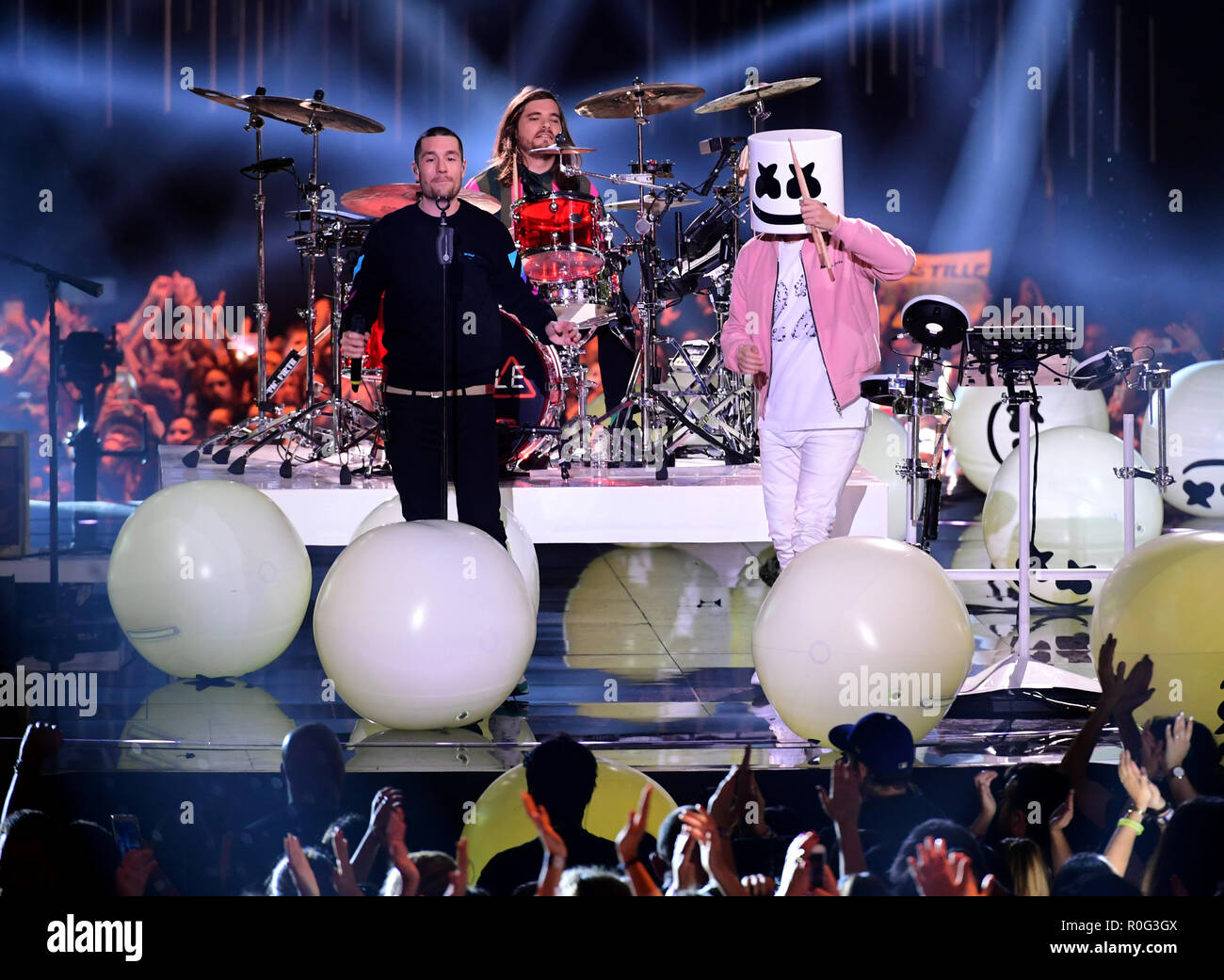 Bastille (Dan Smith, Kyle J Simmons, Will Farquarson, Chris Wood) and  Marshmello perform on stage at the MTV Europe Music Awards 2018 held at the  Bilbao Exhibition Centre, Spain Stock Photo - Alamy