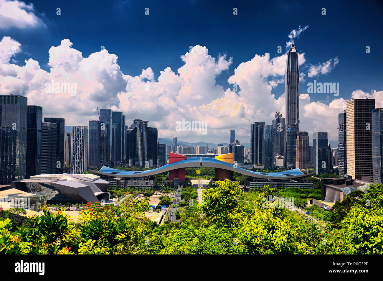 Shenzhen, China. May 26, 2018.  the shenzhen city skyline and civic center as seen from Lianhuashan Park in the city center on a sunny day. Stock Photo