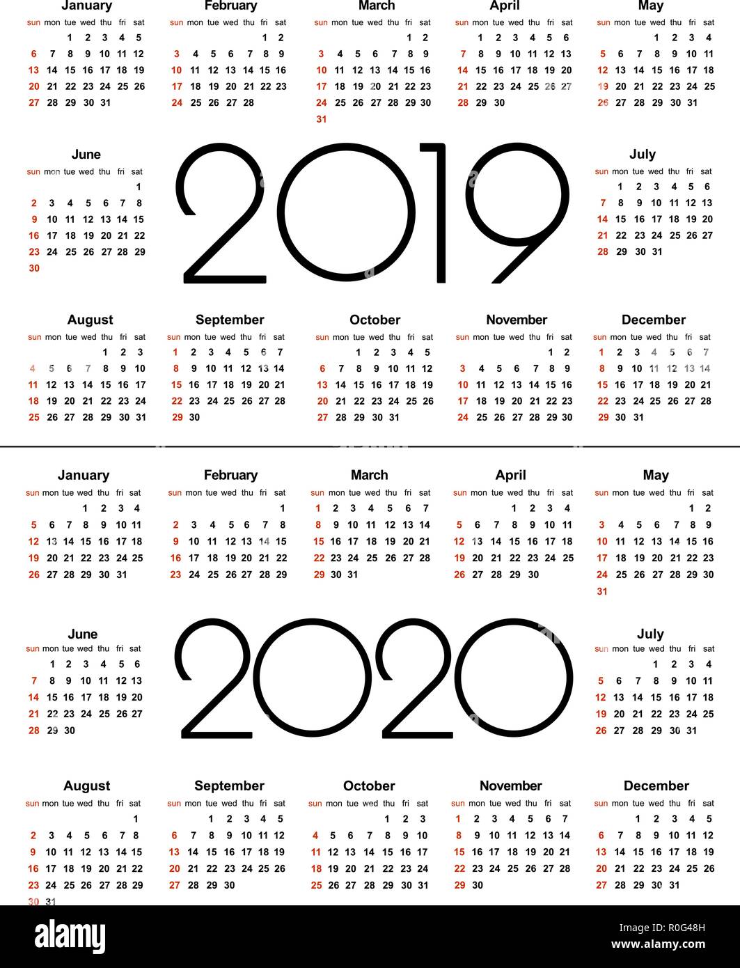 Calendar 2019 and 2020 year. Simple Vector Template. Stationery Design  Template. Calendar design in black and white colors, holidays in red  colors. Is Stock Vector Image & Art - Alamy