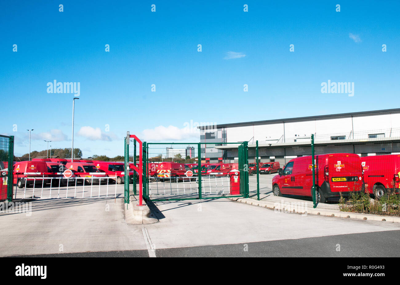 Royal Mail delivery vans parked up in compound at the main sorting office for the Fylde area .Blackpool Lancashire England UK Stock Photo