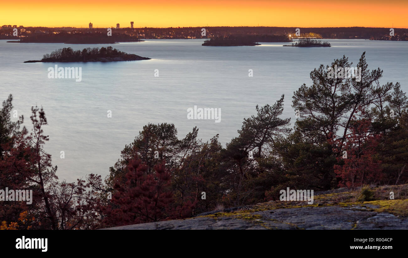 Twilight view from the hill Kvarnberget near Frösvik, Vaxholm, Sweden Stock Photo