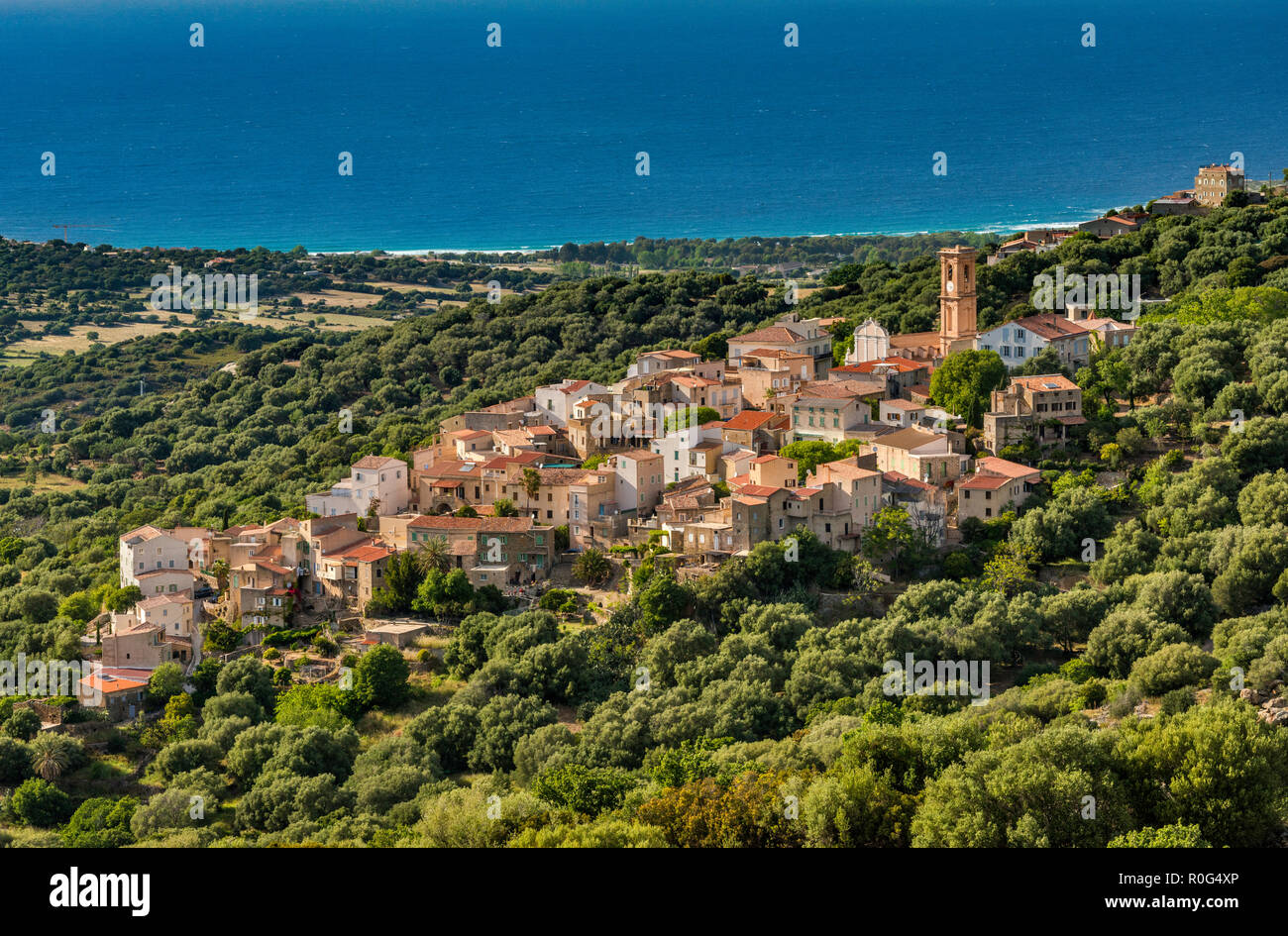 Hill town of Aregno, Mediterranean coast in distance, Balagne region, Haute-Corse, Corsica, France Stock Photo