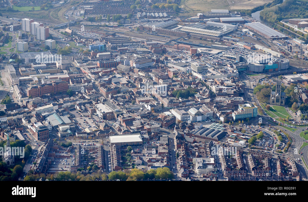 aerial view of Doncaster Town Centre, South Yorkshire, Northern England, UK, railway works adjacent to the town Stock Photo
