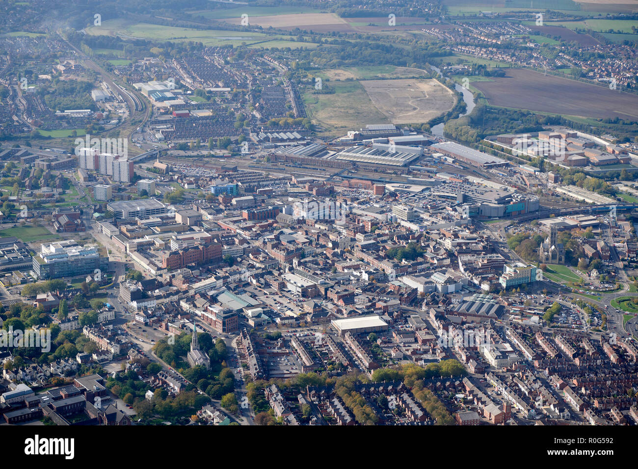 aerial view of Doncaster Town Centre, South Yorkshire, Northern England, UK, railway works adjacent to the town Stock Photo