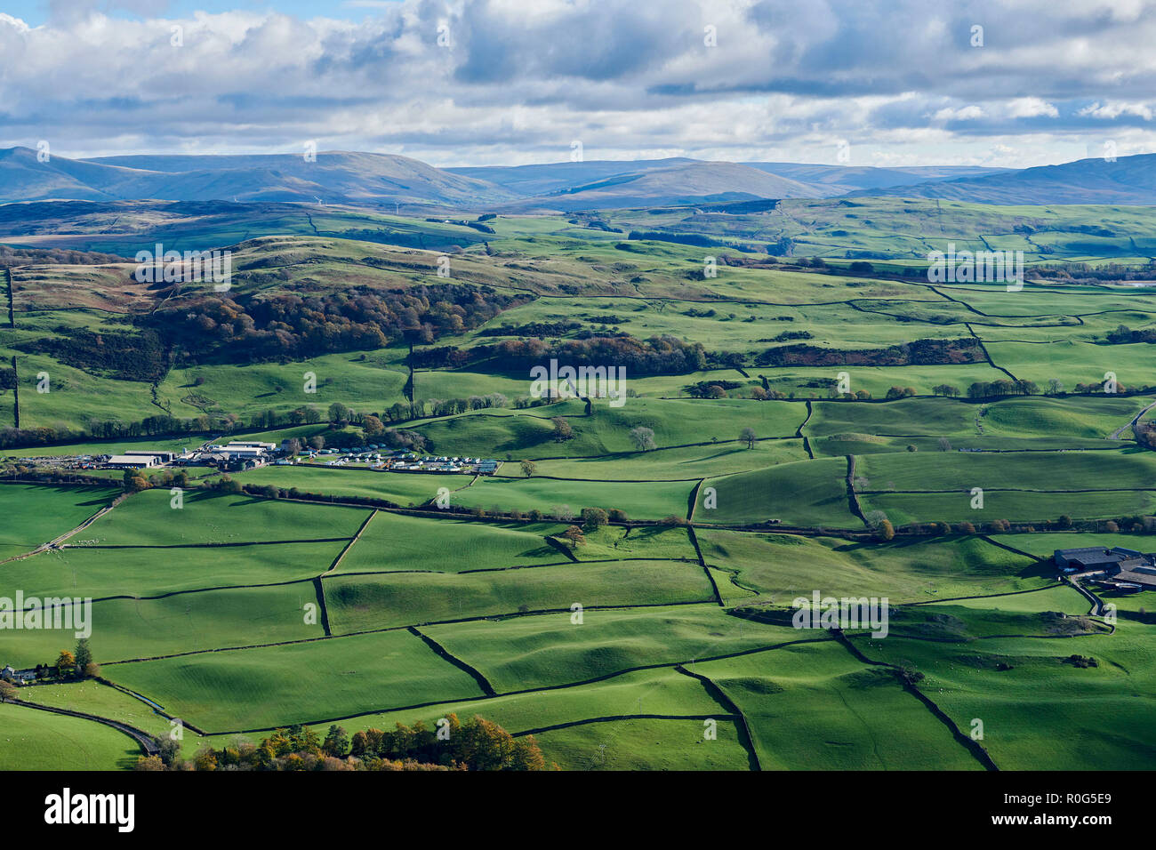 Cumbrian field landscape, shot from the air, in the Penrith area, North West England, UK Stock Photo