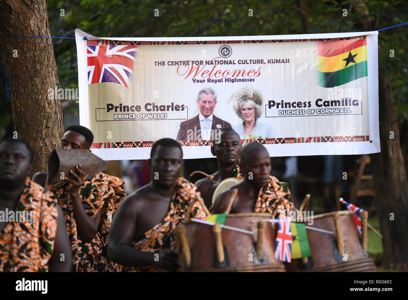 A welcome poster for the Duchess of Cornwall at the National Cultural Centre in Kumasi, Ghana, on day five of her trip to west Africa with the Prince of Wales. Stock Photo