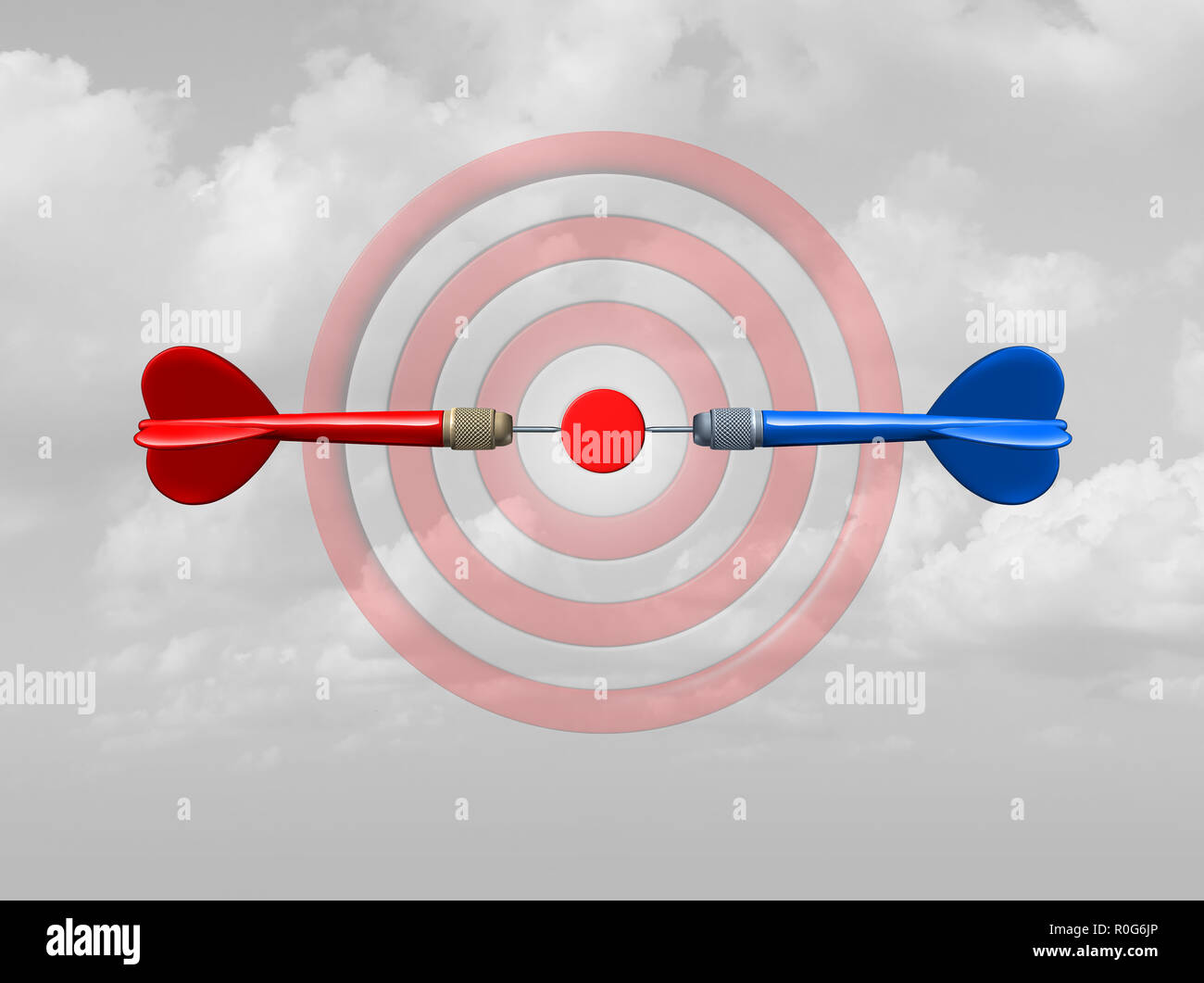 Concept of competition as a business success symbol as rivals compete for the same target bullseye as dart arrows focused on the central goal. Stock Photo