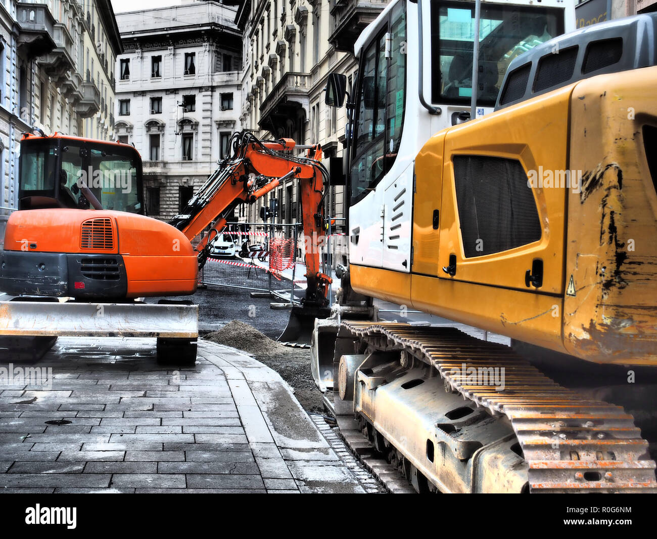 work in progress, reconstruction of the road surface in Milan, Italy Stock Photo