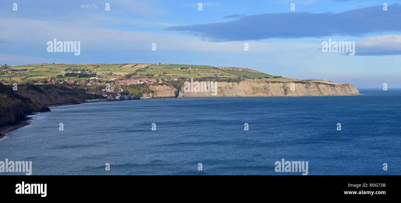 Looking along coastal cliffs towards Robin Hoods Bay, North Yorkshire