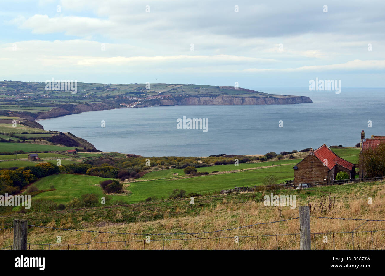 Landscape of coastal area looking from Ravenscar towards Robin Hoods Bay and Whitby Stock Photo