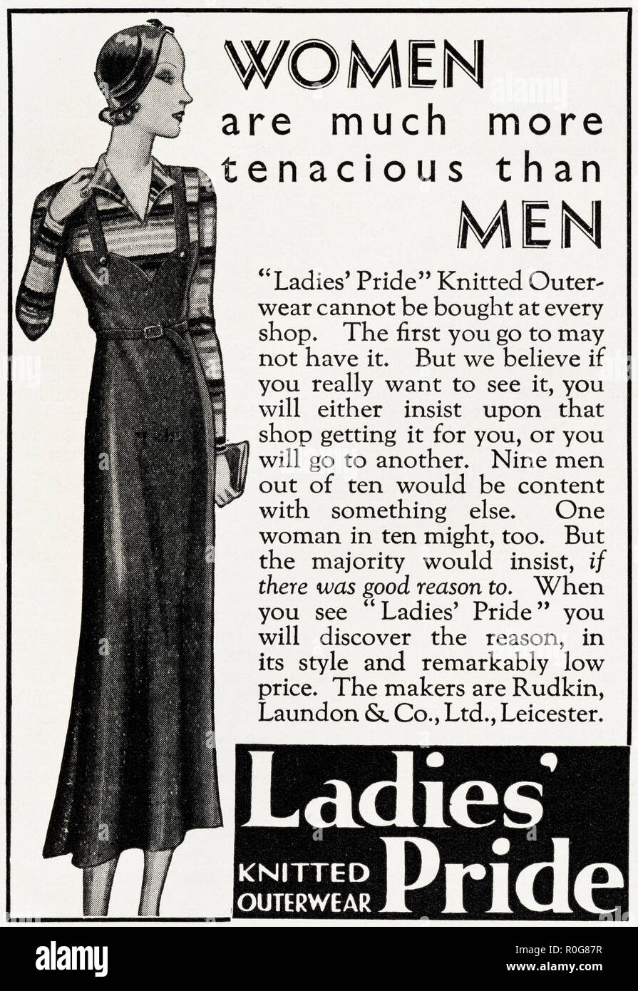 1930s old vintage original advert advertising Ladies Pride knitted