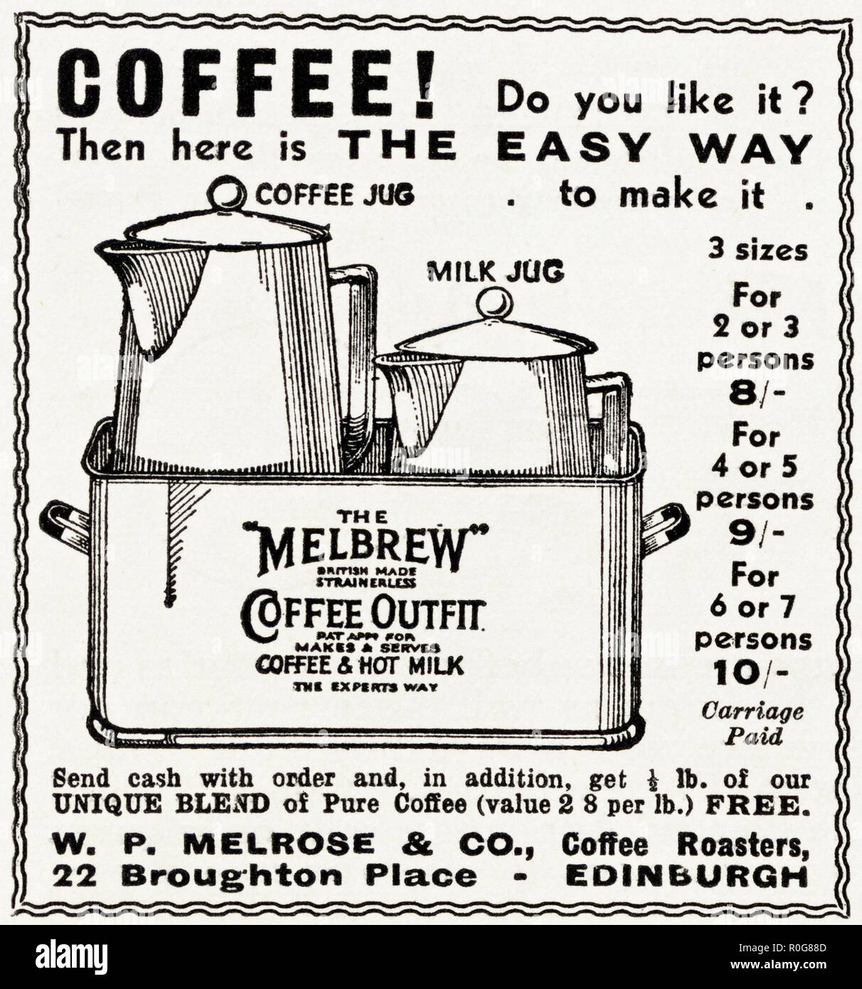 1930s old vintage original advert advertising The Melbrew coffee outfit by WP Melrose & Co