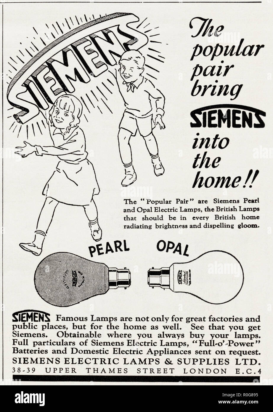 1930s old vintage original advert advertising Siemens pearl & lightbulbs in English magazine circa 1932 Stock Photo - Alamy