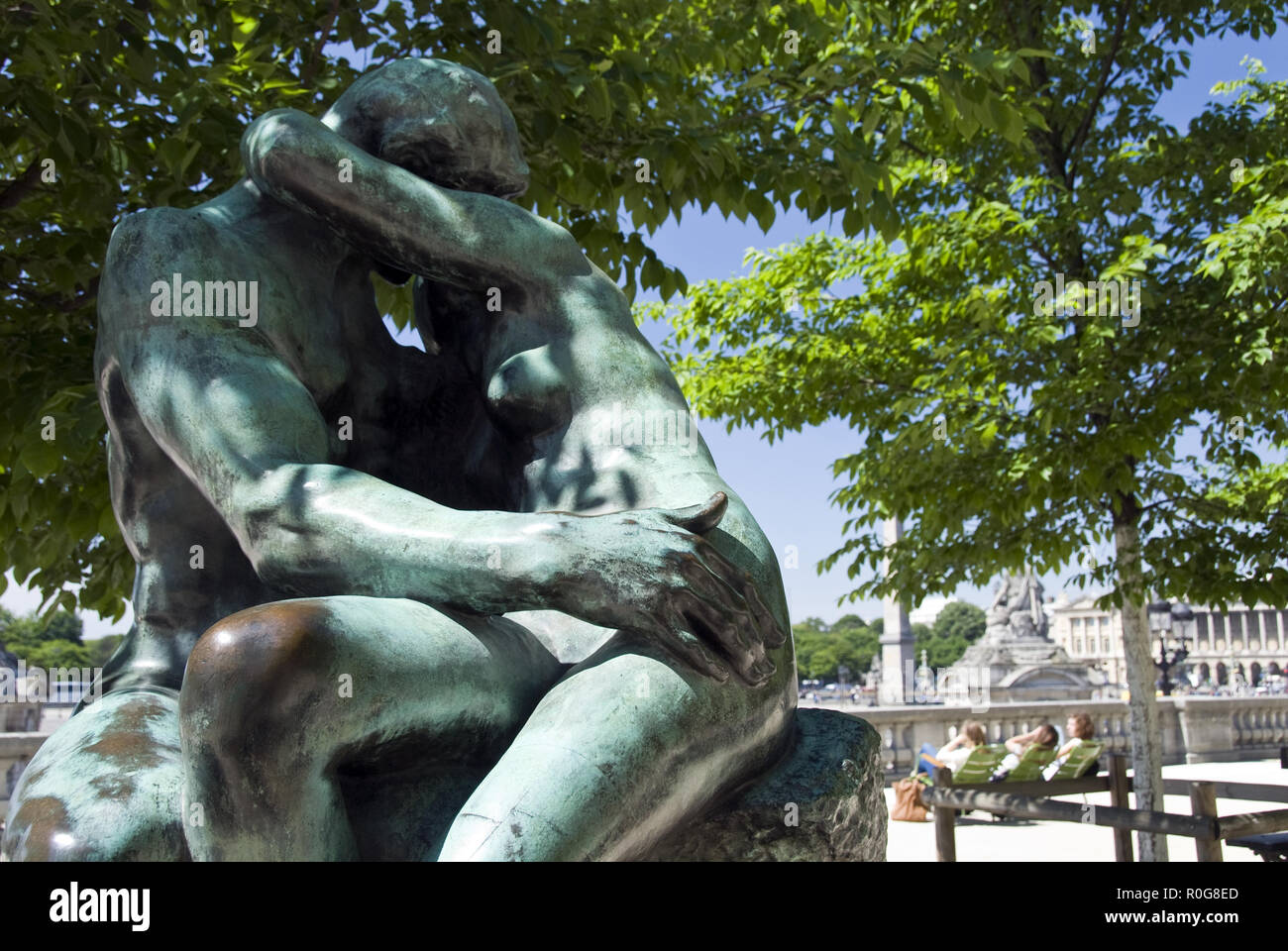 'The Kiss' marble sculpture, by Rodin, outside the Musee de l'Orangerie in the Tuileries Gardens, Paris, France. Stock Photo
