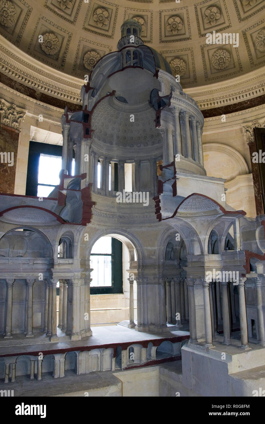An architectural model of the Pantheon, displayed at the Pantheon, a mausoleum housing the tombs of famous French citizens, Paris, France. Stock Photo