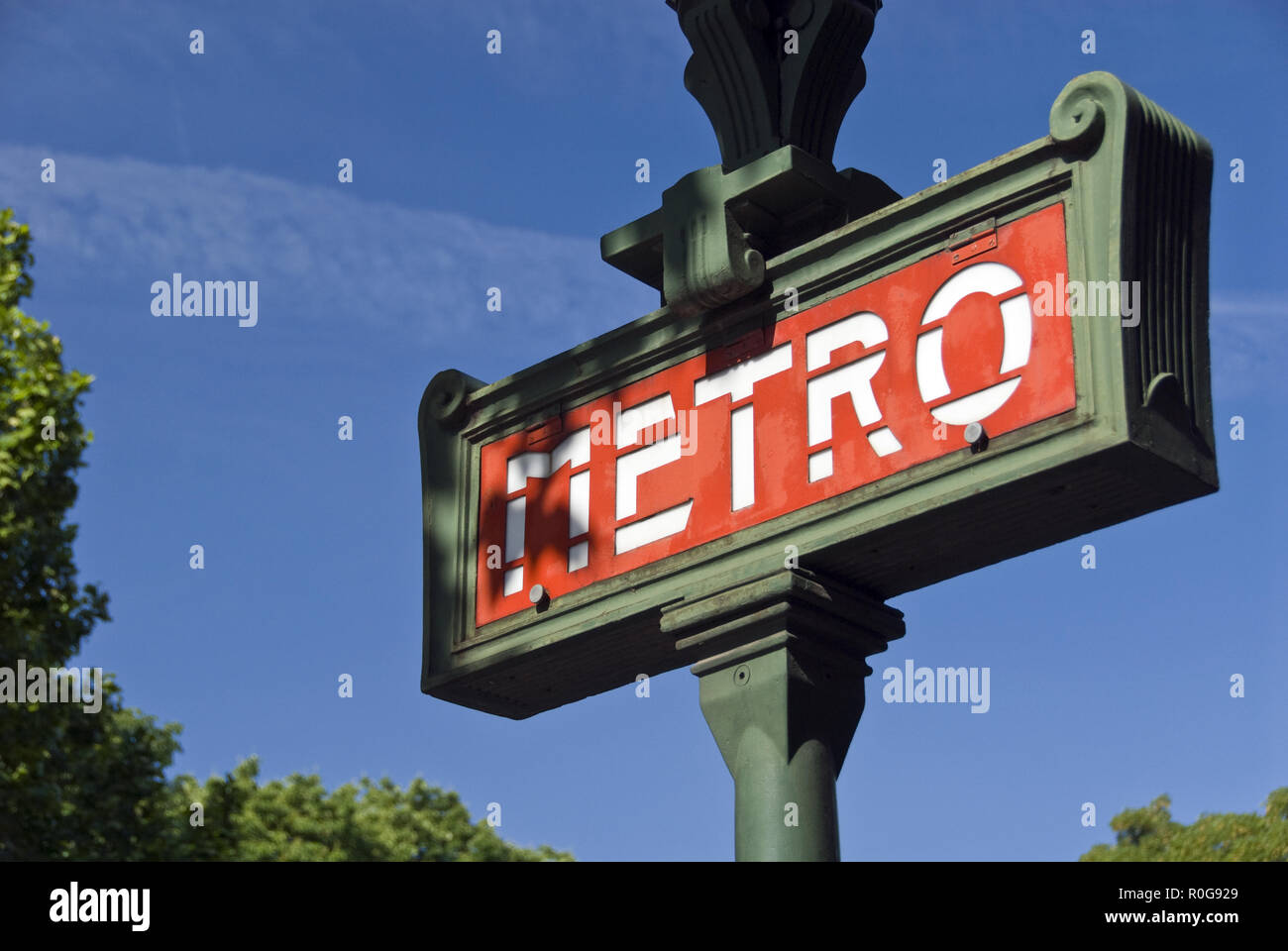 A colorful Metro (subway) sign and lamp on the Boulevard SaintGermain
