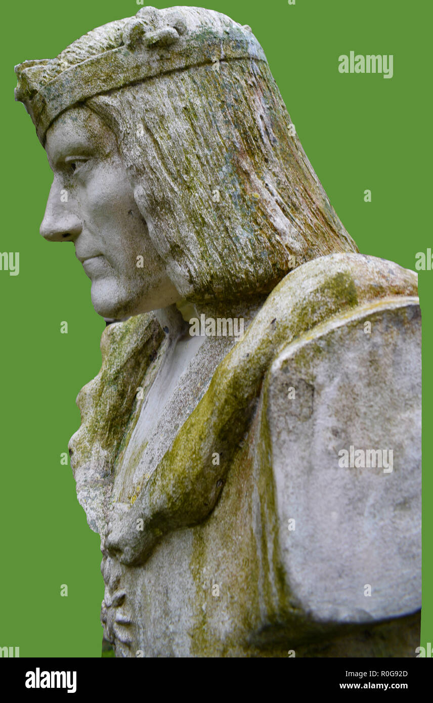 A portrait of King Richard III of England (From a statue at Middleham Castle, Yorkshire). During his adolescence, Richard developed idiopathic scoliosis, deformity of the spine Stock Photo