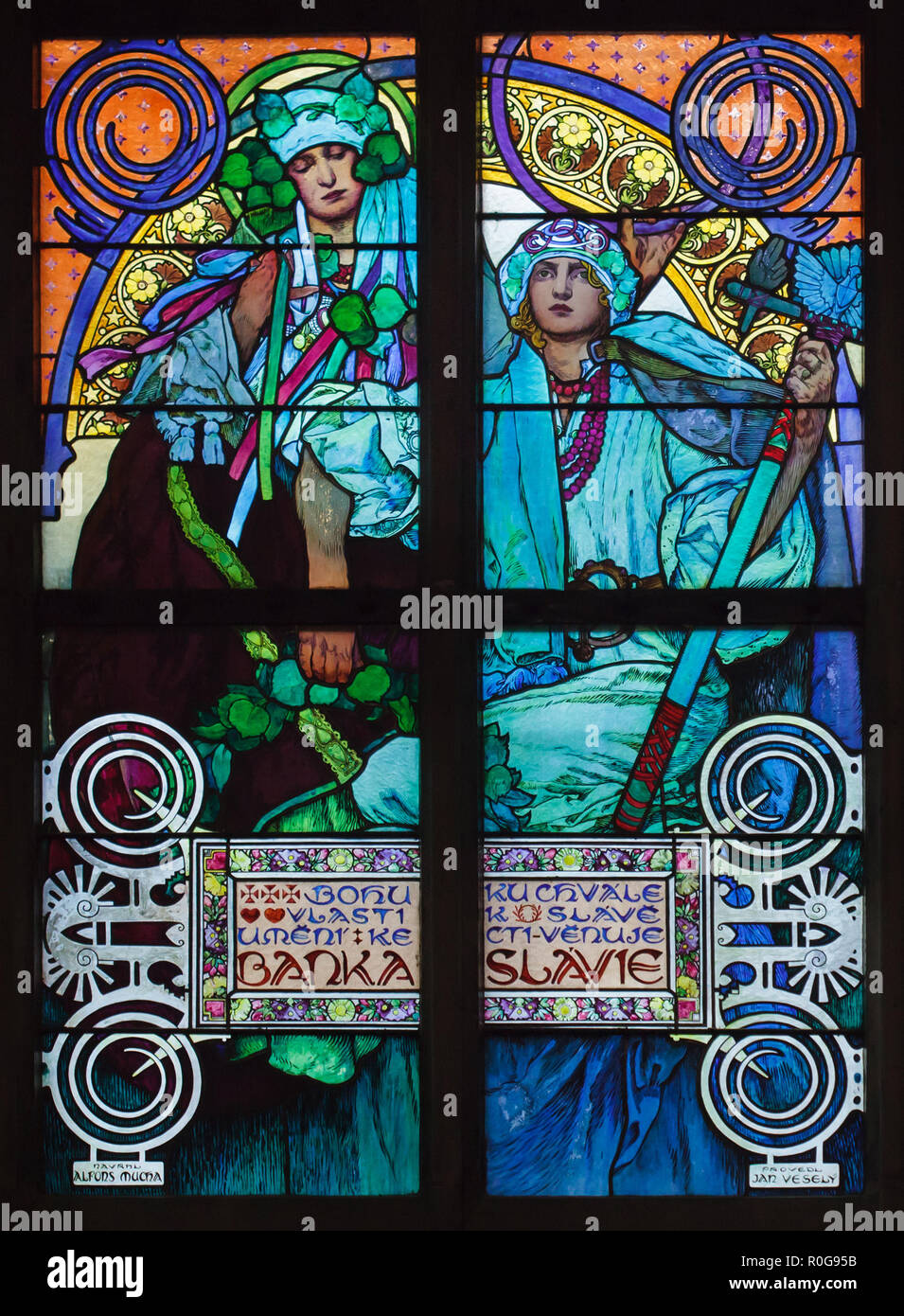 Detail of the stained-glass window designed by Czech Art Nouveau artist Alfons Mucha in Saint Vitus' Cathedral in the Prague Castle in Prague, Czech Republic. Stock Photo