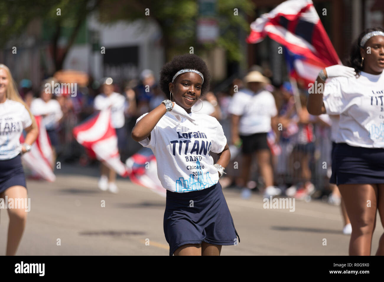 Chicago, Illinois, USA - June 16, 2018: The Puerto Rican People's Parade, Members of the Lorain Titans Band Chicago performing at the parade Stock Photo