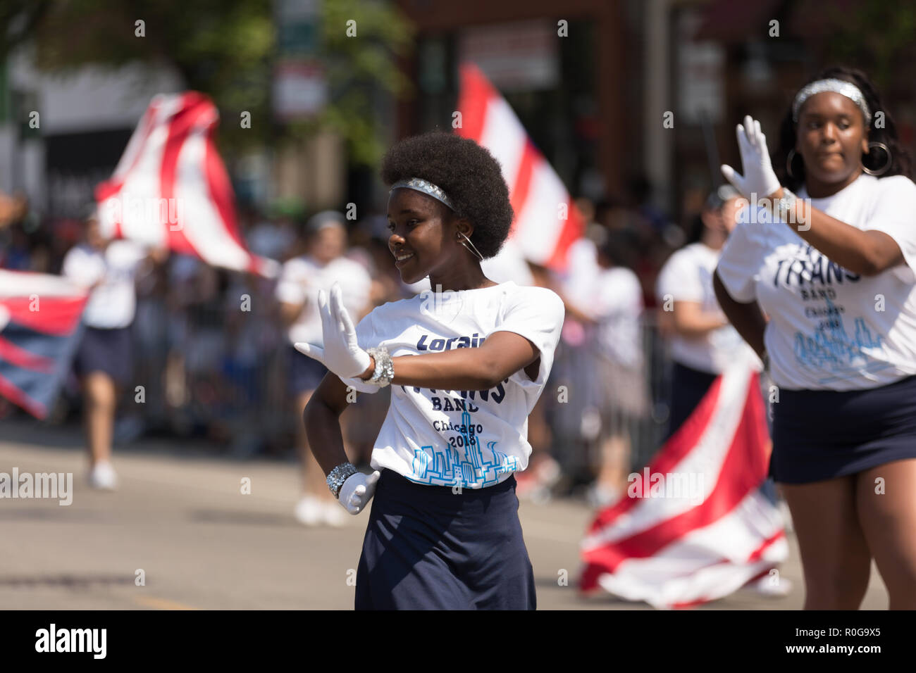 Chicago, Illinois, USA - June 16, 2018: The Puerto Rican People's Parade, Members of the Lorain Titans Band Chicago performing at the parade Stock Photo