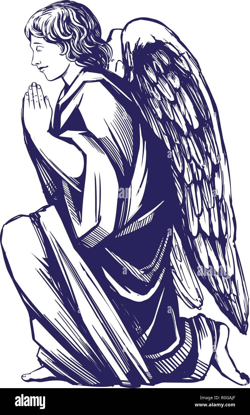 angel prays on his knees religious symbol of Christianity hand drawn vector illustration sketch Stock Vector