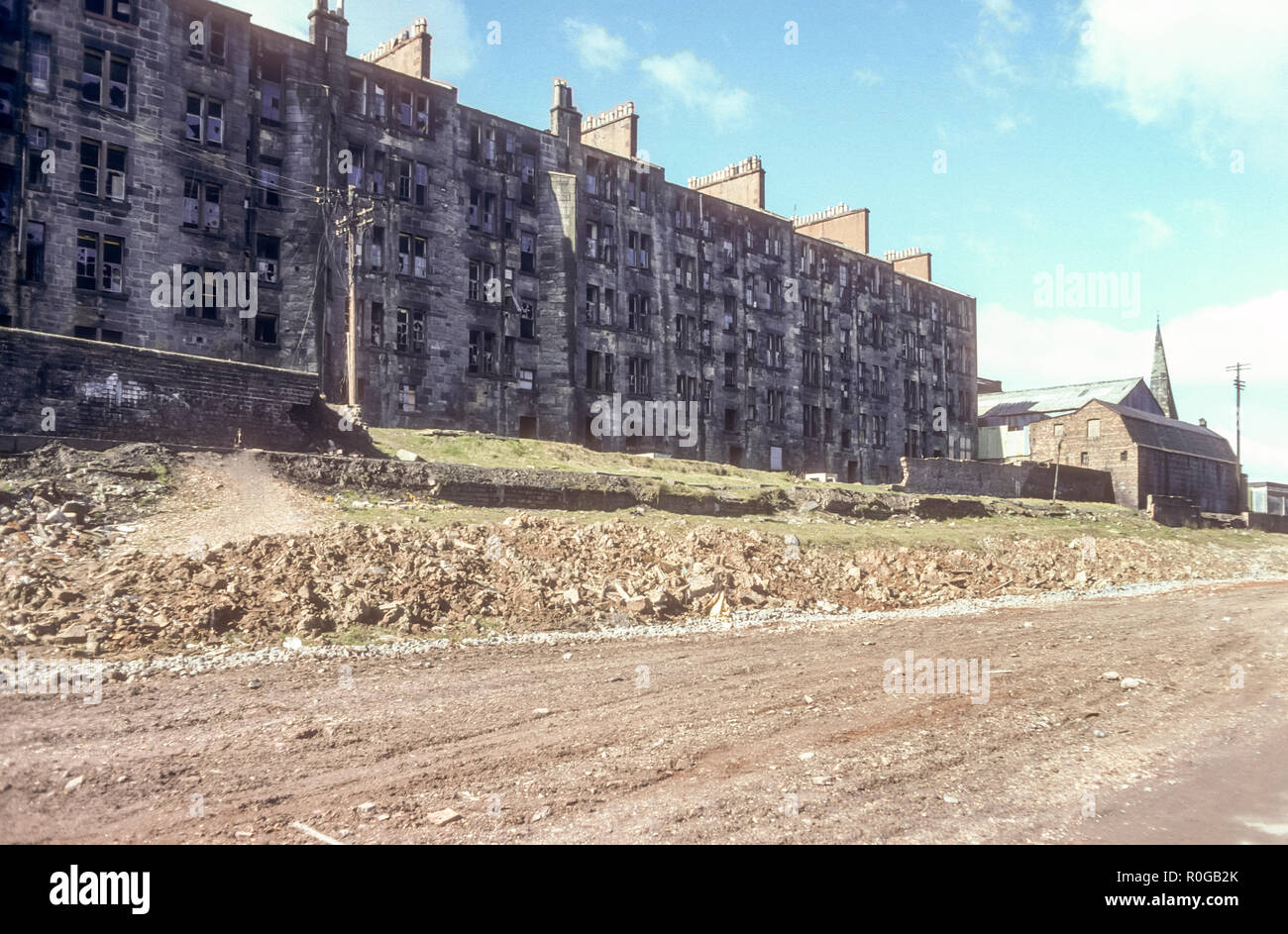 Old tenement blocks in Maryhill, Glasgow awaiting demolition and clearance in April 1977. Stock Photo