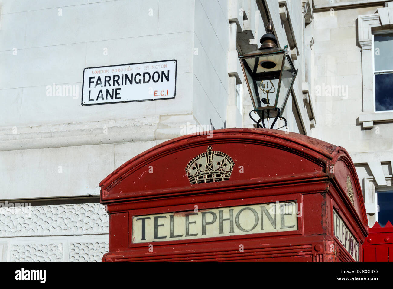 A street sign for Farringdon Lane in London. Stock Photo