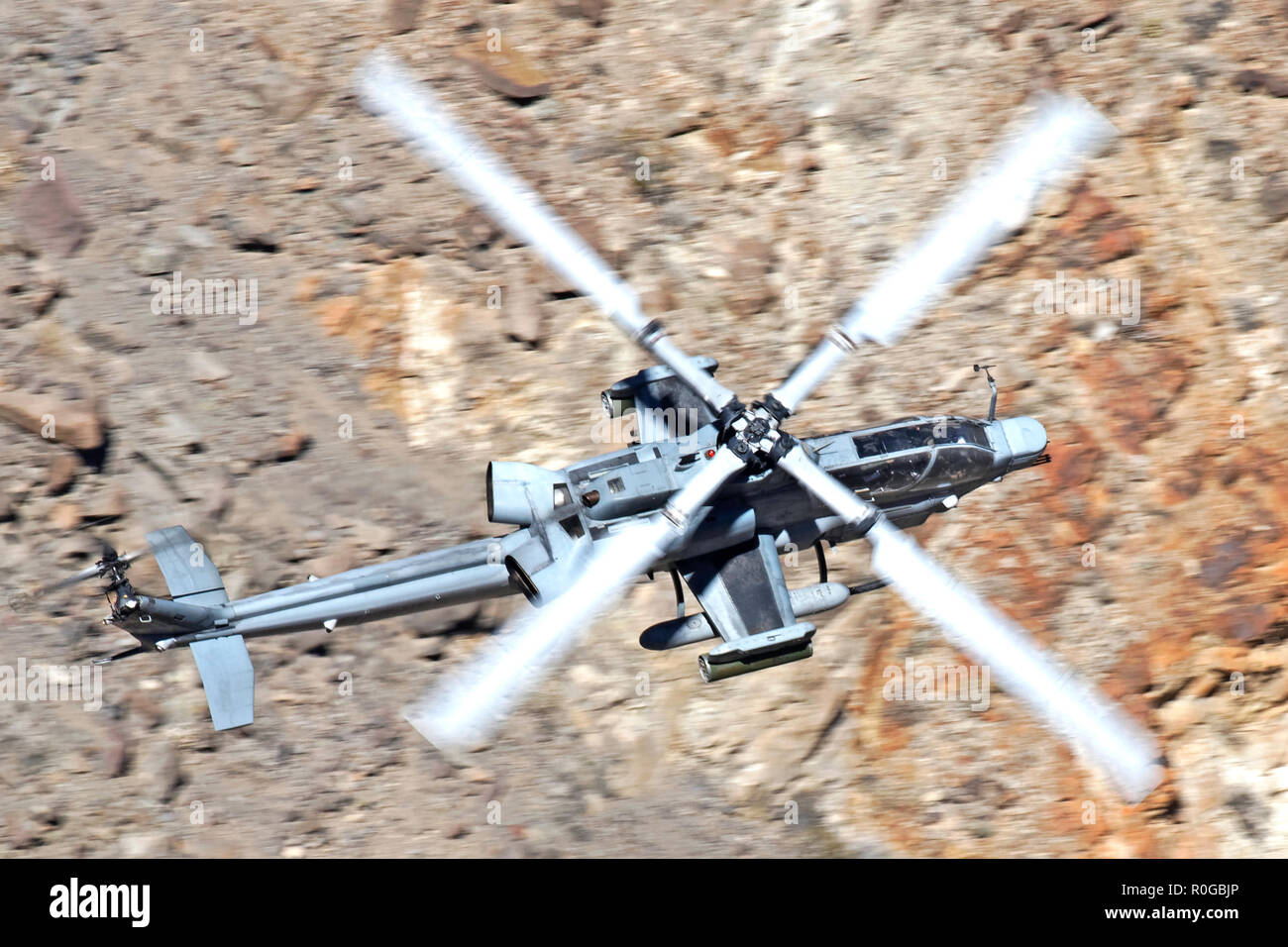 Bell AH-1Z Viper flown by US. Marines helicopter squadron HMLA-369 'Gunfighters' flying through Star Wars Canyon in 2018 Stock Photo