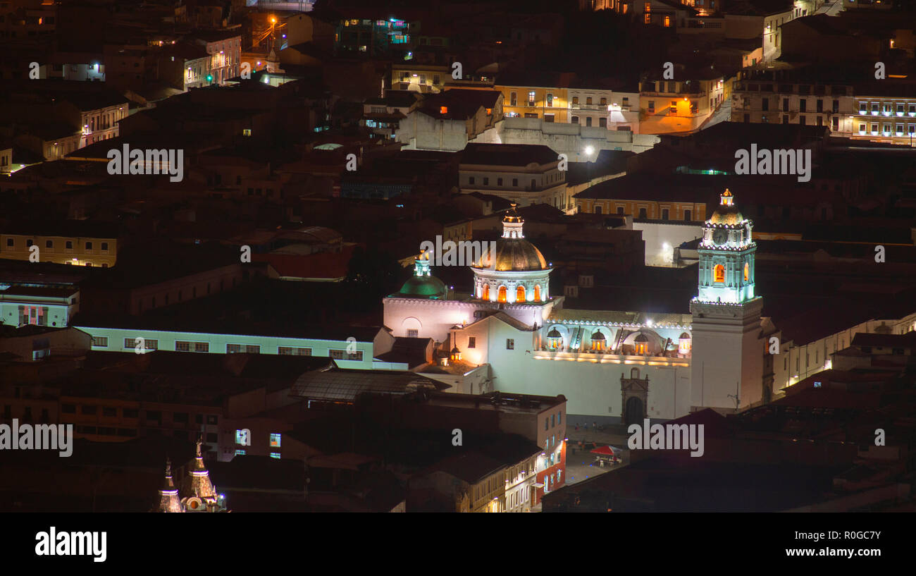 Night view of Church and Convent of La Merced. It is located on the historical center of the city of Quito. Ecuador Stock Photo