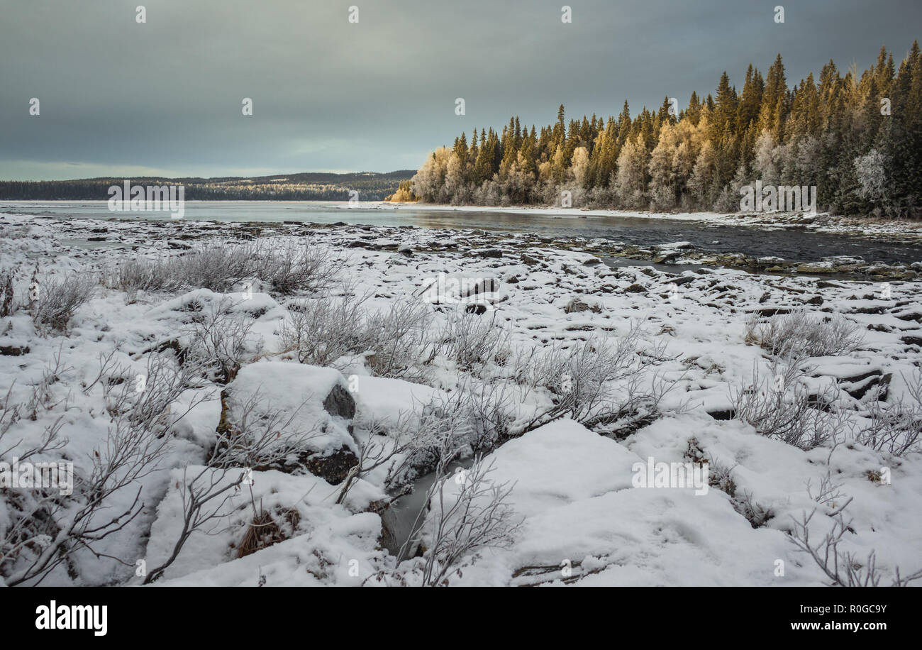 Winter scenery of river Tannforsen next to biggest Swedish waterfall. Stock Photo