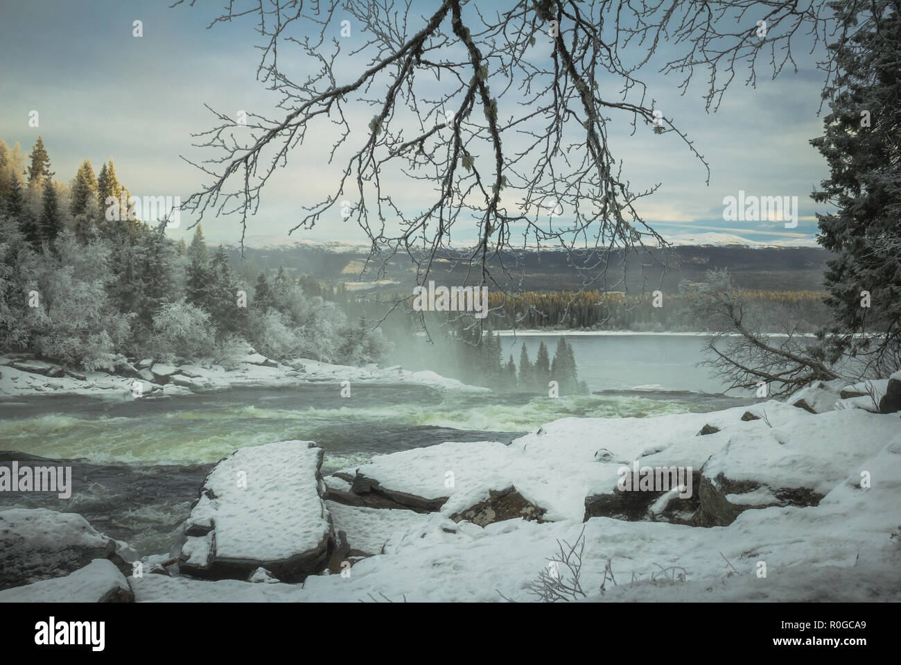 Winter scenery of river Tannforsen next to biggest Swedish waterfall. Stock Photo