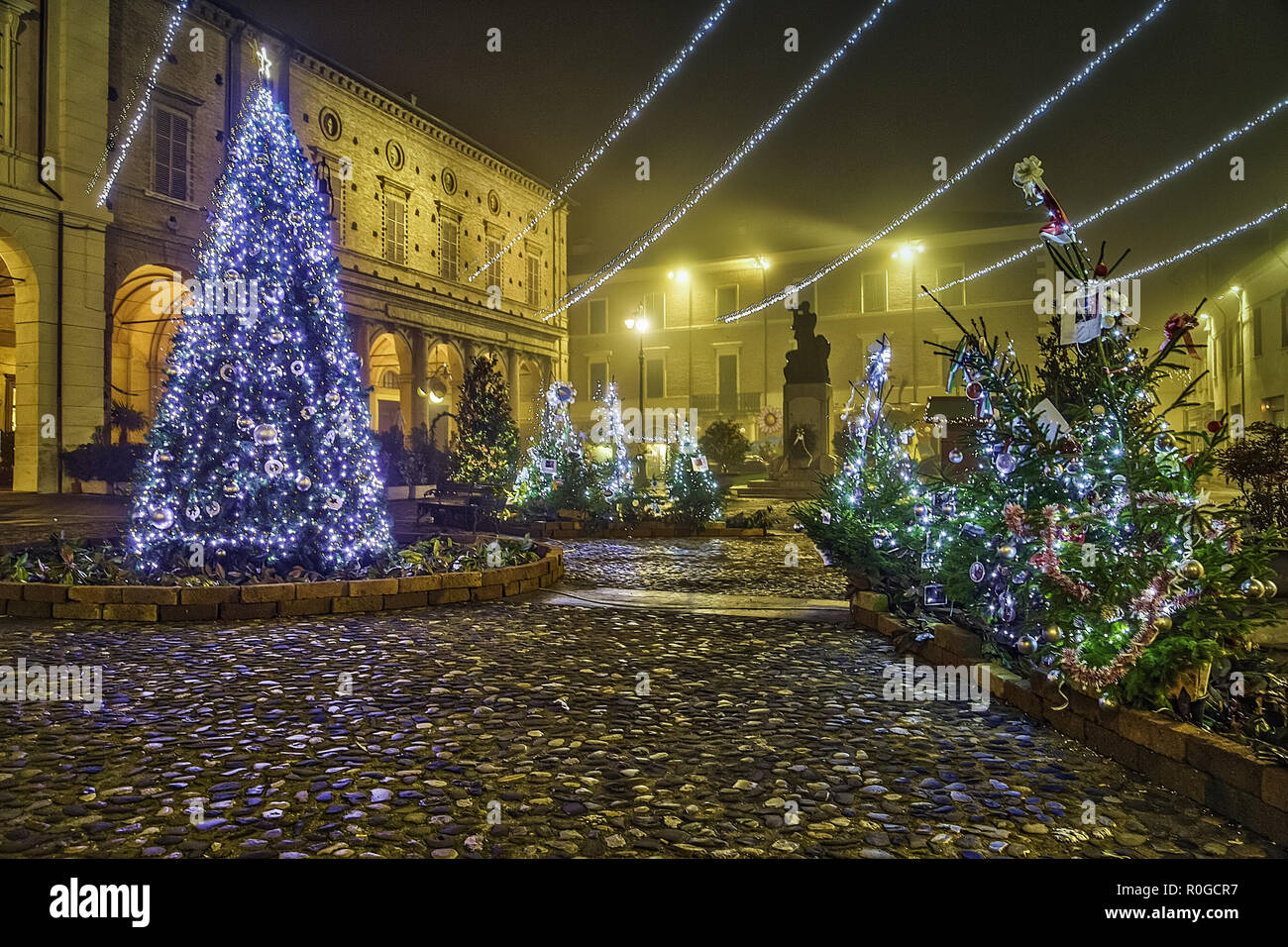 christmas trees in village square Stock Photo Alamy