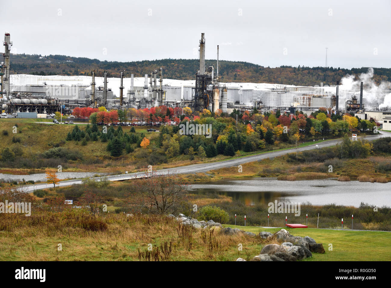 An autumn landscape of a section of the Irving Oil Refinery after the explosion and fire on October 6 2018 in the city of Saint John New Brunswick Ca Stock Photo