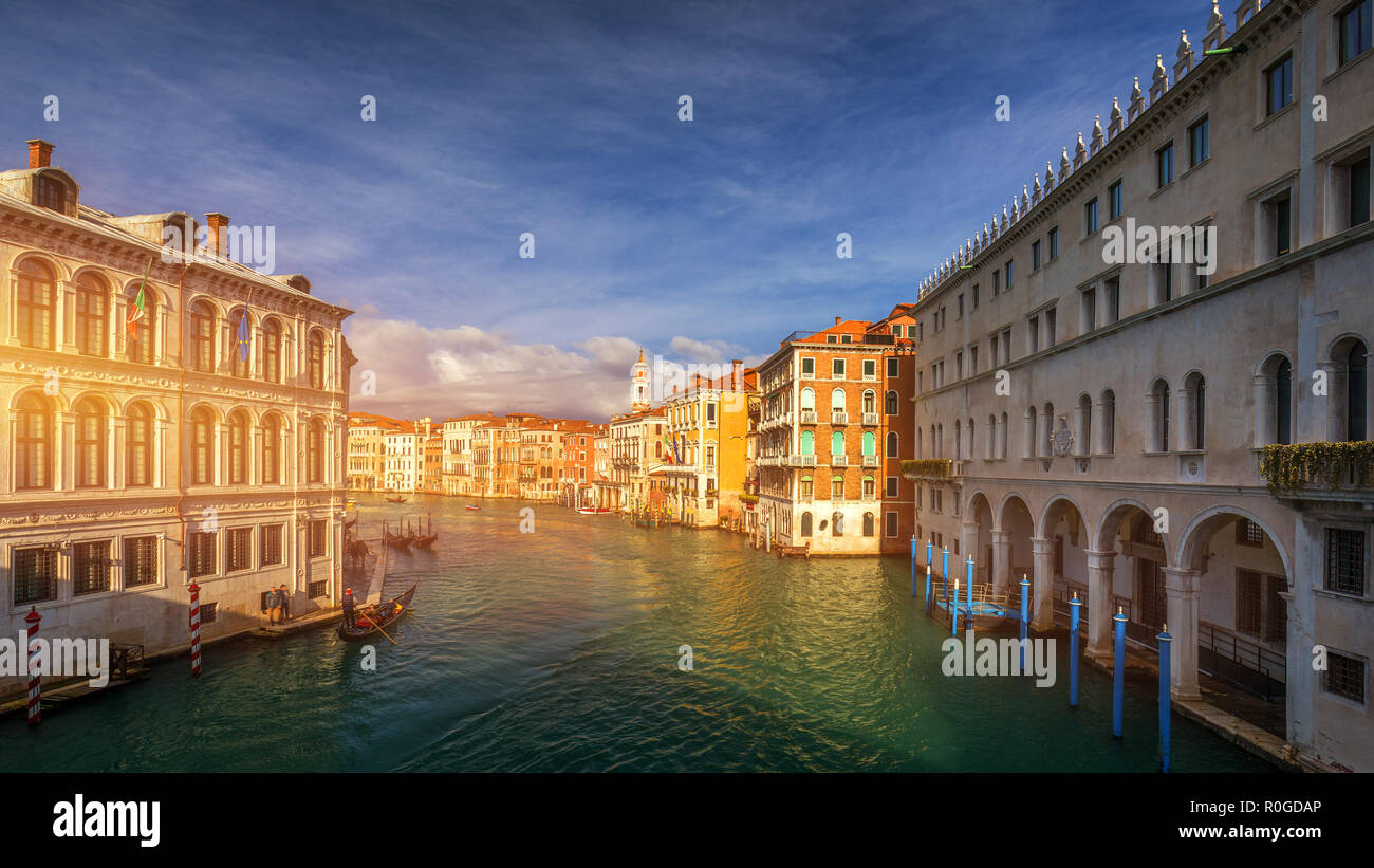 Grand Canal with gondolas in Venice, Italy. Sunset view of Venice Grand ...