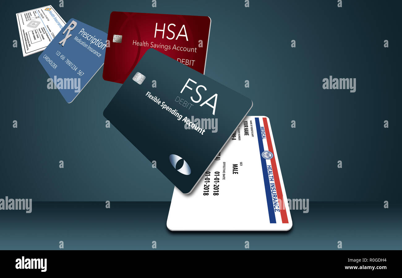 All of your medical cards are shown. FSA, HSA, prescription card, medicare, medicaid, dental insurance Stock Photo