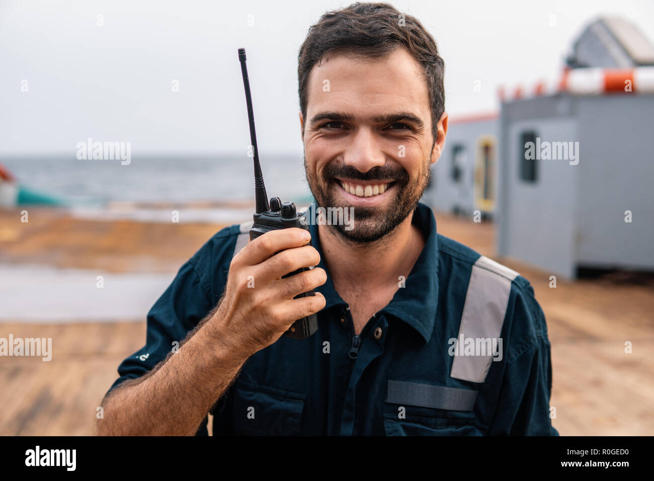 Marine Deck Officer or Chief mate on deck of vessel or ship Stock Photo