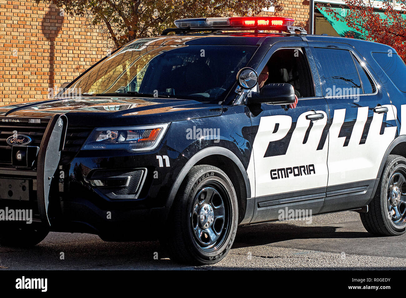 Emporia, Kansas, USA, October 27, 2018 Police car lead off the first