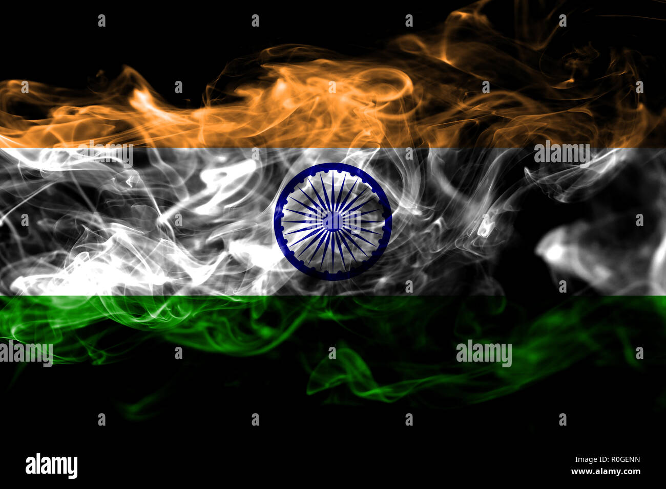 National flag of India made from colored smoke isolated on black background.  Abstract silky wave background Stock Photo - Alamy