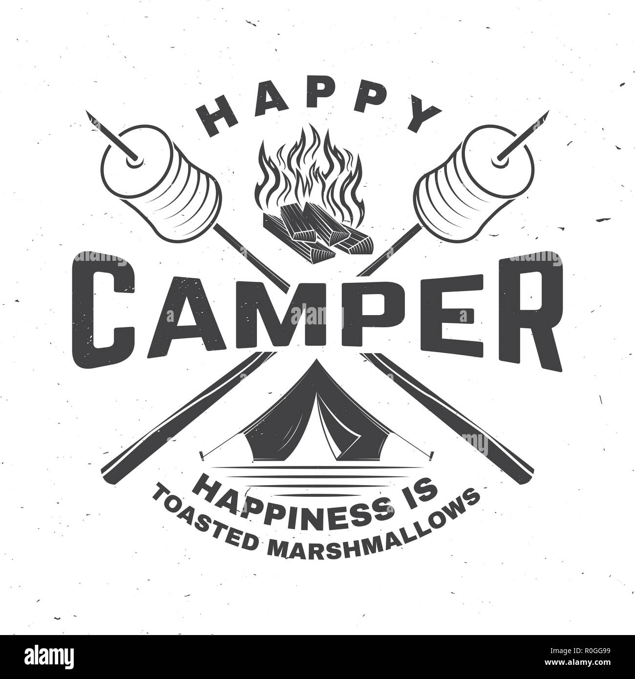 Happy camper. Happiness is toasted marshmallows. Vector illustration. Vintage typography design with camping tent, campfire, marshmallow on a stick silhouette. Concept for shirt or print, stamp or tee Stock Vector