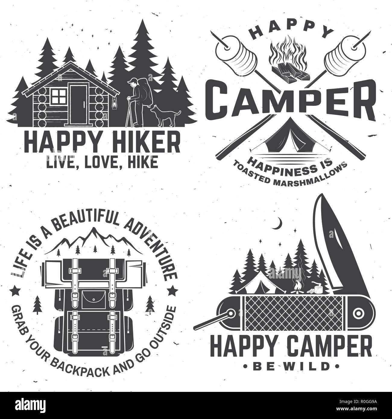 Happy camper. Vector. Concept for shirt or logo, print, stamp or tee. Vintage design with pocket knife, camping tent, campfire, forest cabin, sweet marshmallows on stick and forest silhouette. Stock Vector