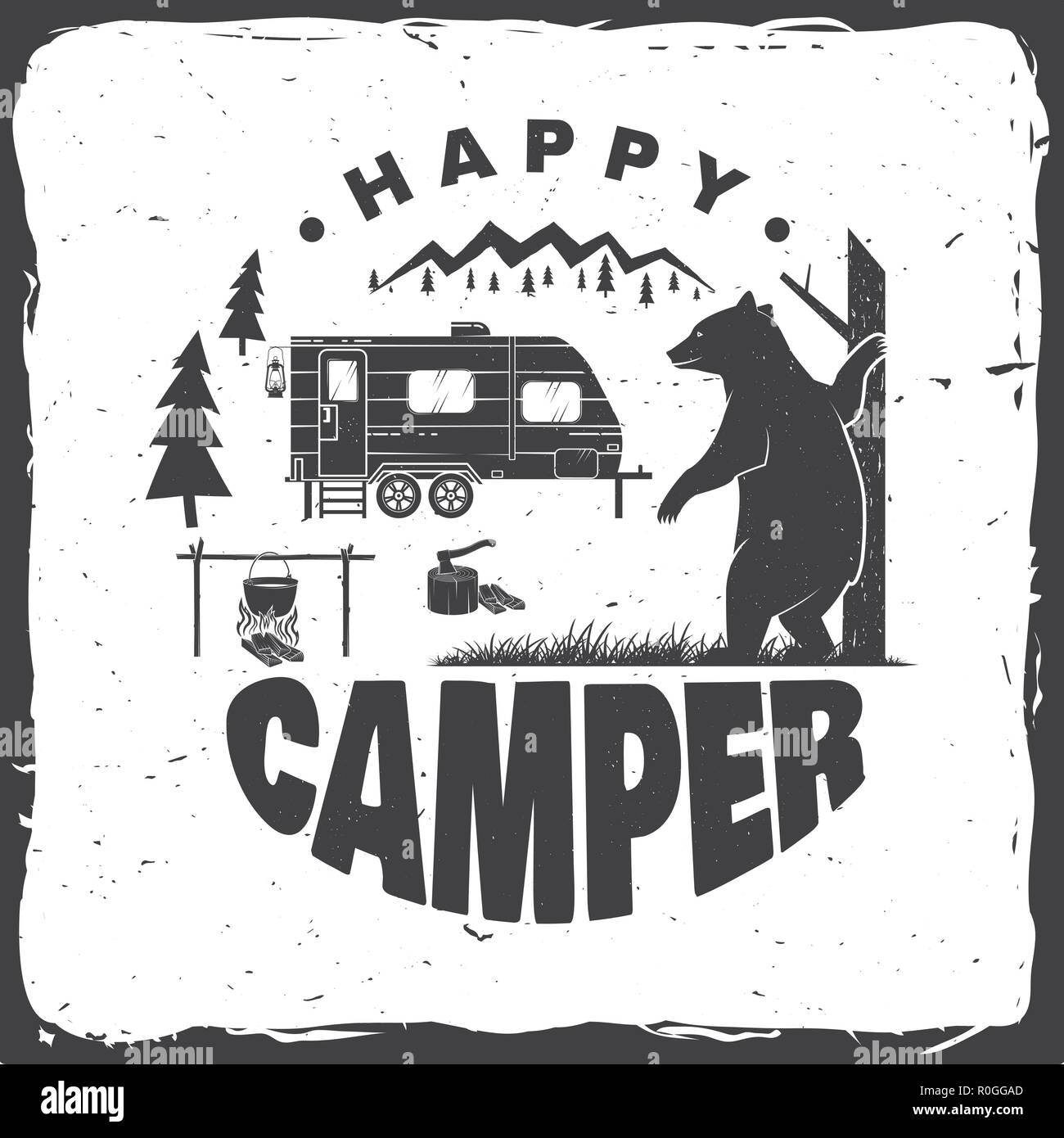 Happy camper. Vector illustration. Concept for shirt or logo, print, stamp or tee. Vintage typography design with camping trailer, bear, campfire and forest silhouette. Stock Vector