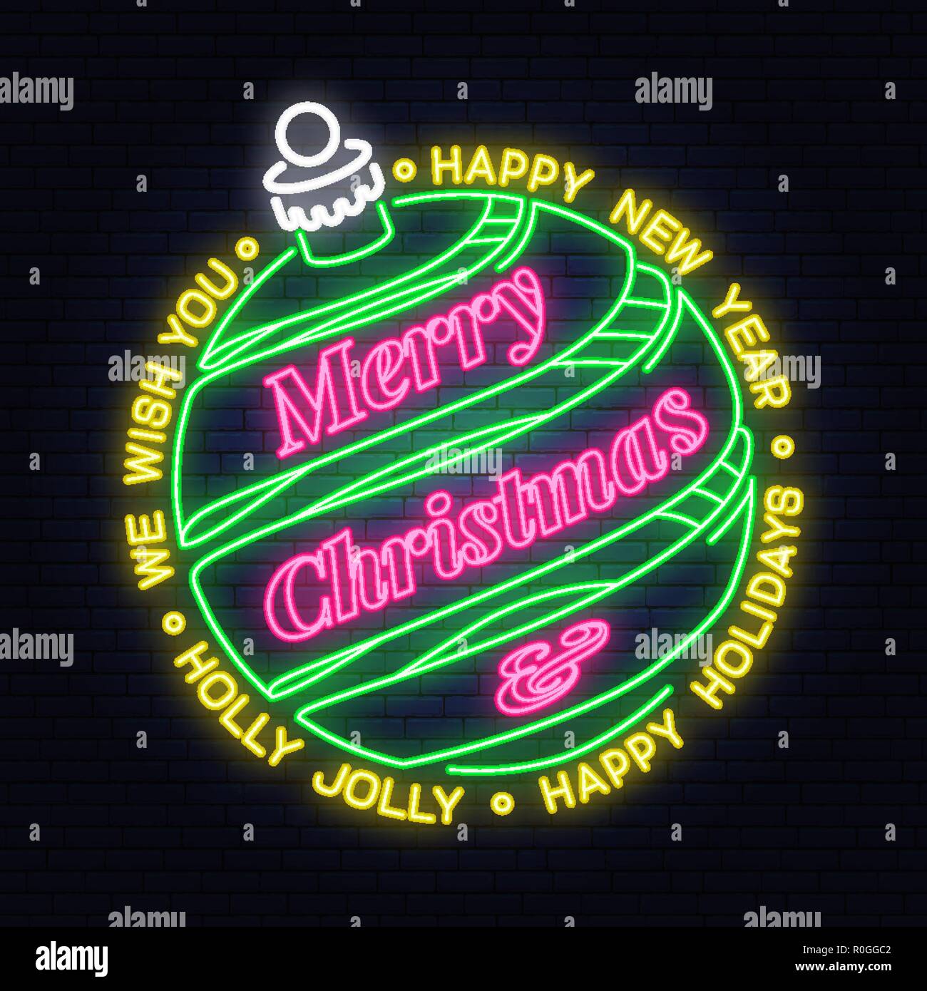 We wish you a very Merry Christmas and Happy New Year neon sign with hanging christmas bell. Vector illustration. Neon design for xmas, new year emblem, bright signboard, light banner. Night signboard Stock Vector