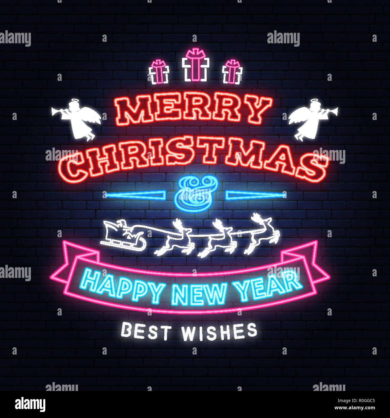 Merry Christmas and Happy New Year neon sign with angels, santa claus in sleigh with deer and christmas gifts. Vector. Neon design for xmas, new year emblem, bright signboard, light banner. Night signboard Stock Vector