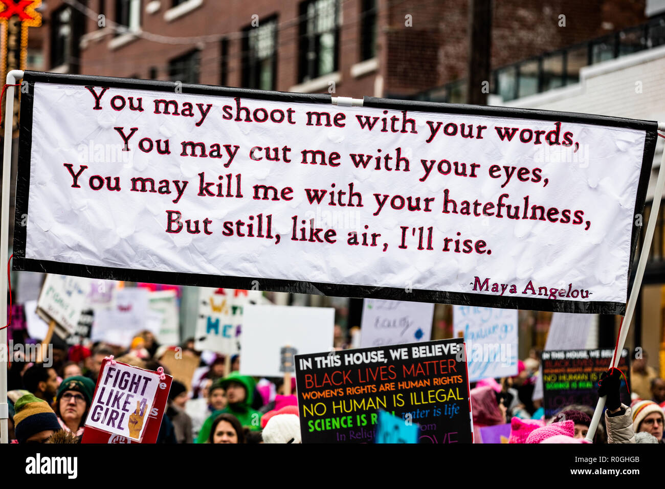 Protest signs during 2018 Women's March in Seattle Stock Photo