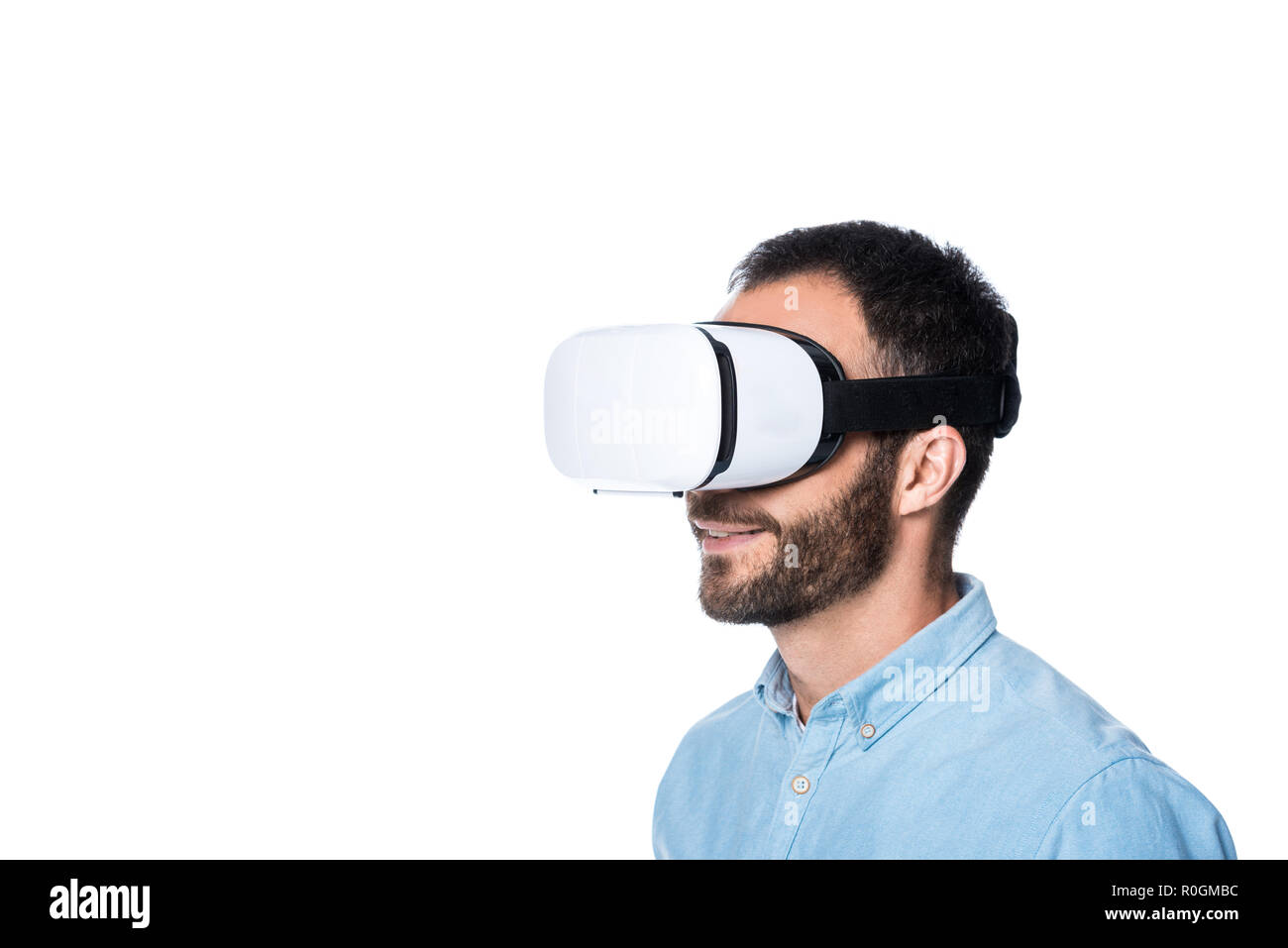 bearded man using vr technology isolated on white Stock Photo