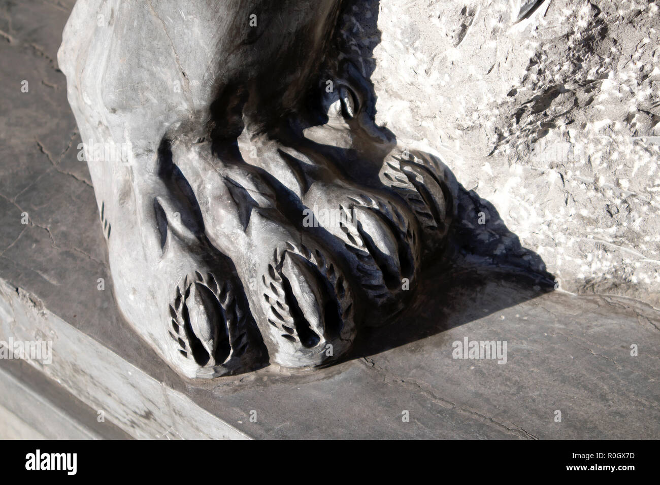 Hind paw of grey granite lion statue closeup, carved stone background
